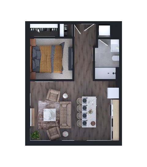 Floor plan for 1 bed, 1 bath, 586 sqft